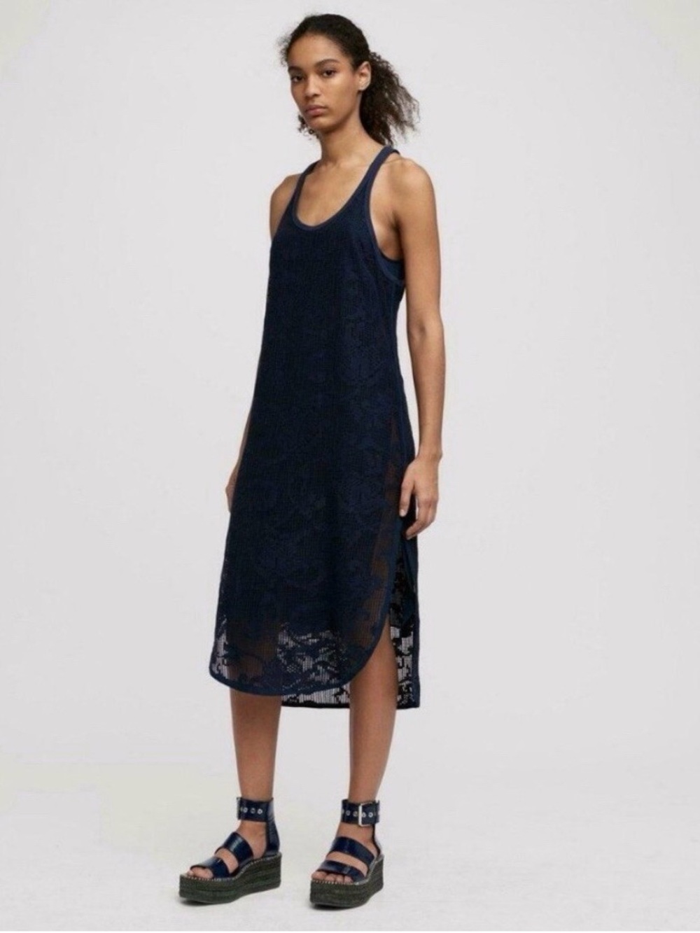 rag & bone Navy Sleeveless Stella Lace Lined Midi Dress